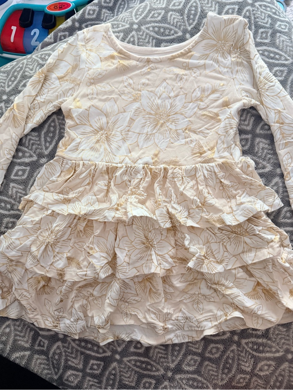 Girls' Long-Sleeve Holiday Floral Dress with bloomers - Cream/Gold